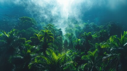 Fototapeta premium Traveler in a Tropical Jungle: a solo traveler exploring a lush, tropical jungle, with dense foliage and exotic wildlife. Highlight the sense of adventure and discovery.