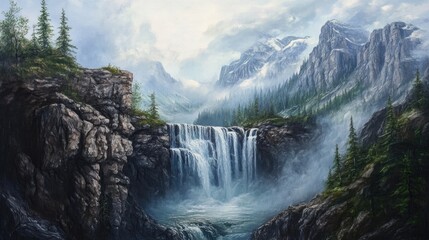 Oil painting depicting a cascading waterfall over rocky mountains showcasing the beauty of nature and unique geological features