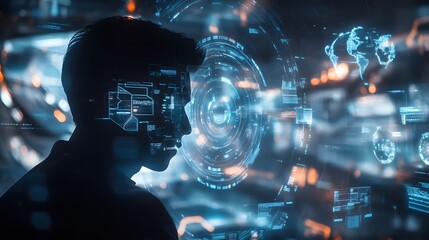 Businessman with computer background with technology theme hologram. Concept of hightech. Multi exposure. 