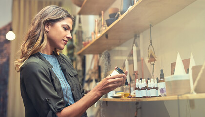 Woman, quality control and products in retail store as small business owner for fragrance or serum....