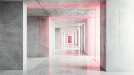 Fototapeta premium Line art illustration of a minimalist abstract room featuring smooth grey concrete walls and pink lines showcasing a modern architectural concept in 3D rendering