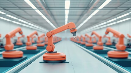 Obraz premium Automated robotic arm in modern factory setting, showcasing advanced technology and efficiency in manufacturing processes. vibrant orange color adds dynamic touch to industrial environment. 