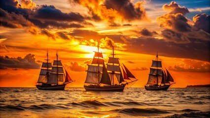 Fototapeta premium Three majestic sailing vessels silhouetted against a vibrant orange sunset, set amidst gentle waves on a serene ocean, evoking a sense of nostalgia and adventure.