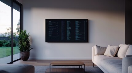 Modern living room with sleek design featuring large TV displaying code on wall. space is bright and airy, with cozy sofa and stylish coffee table, creating tech savvy yet inviting atmosphere. 