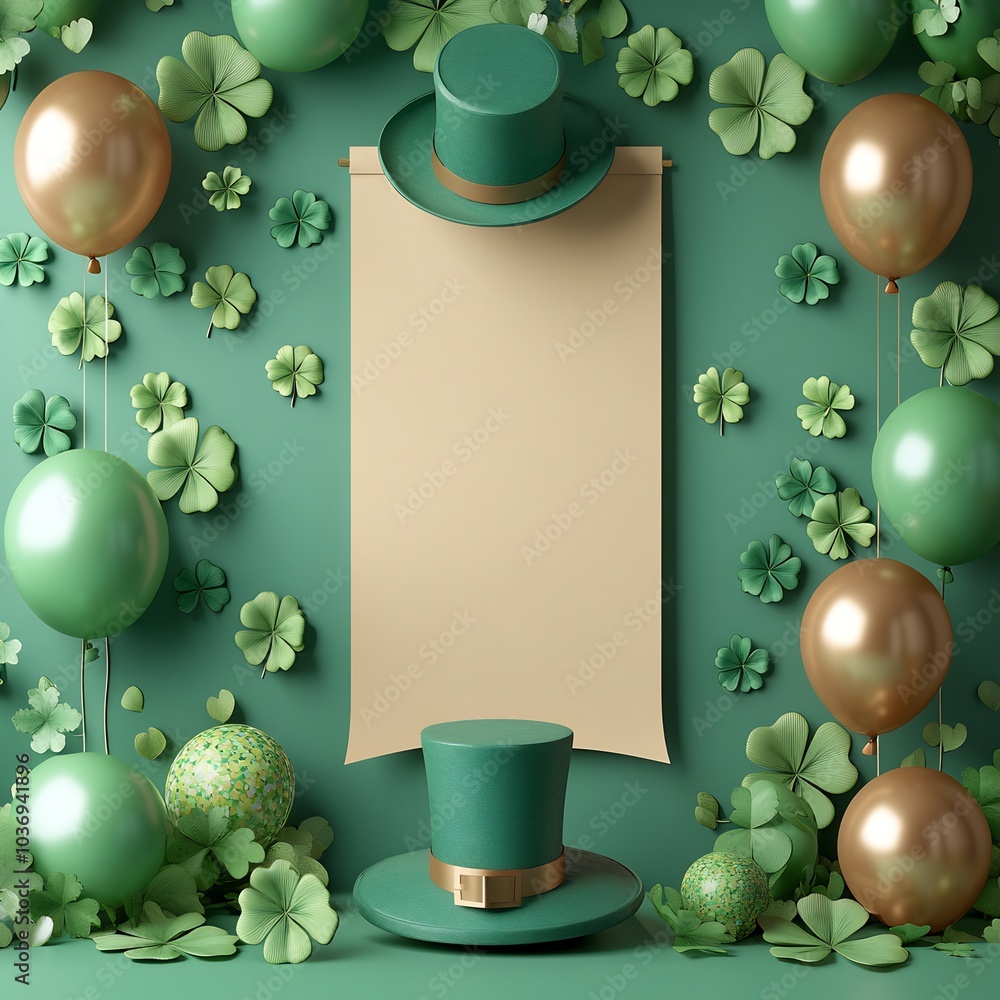 Poster vibrant scene featuring empty paper banner for st patrick's day surrounded by decorative balloons an