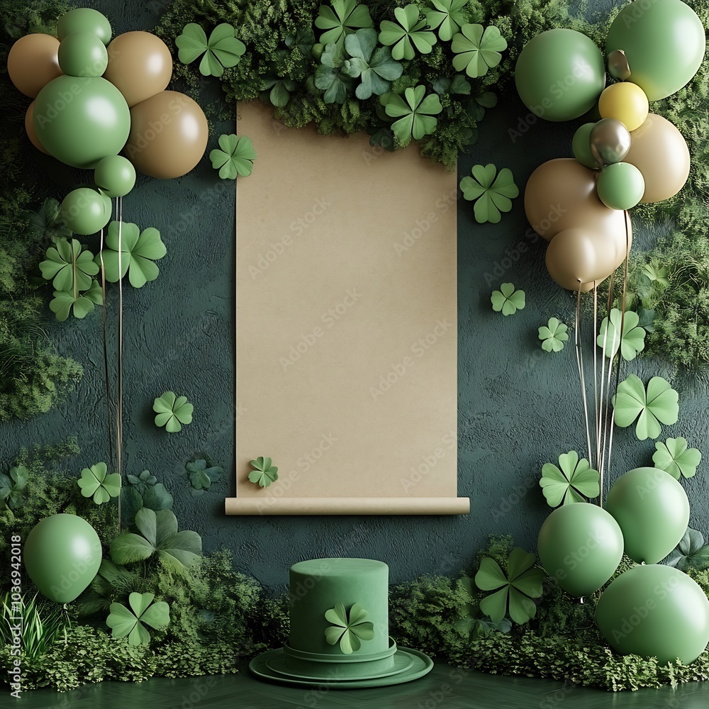 Poster vibrant scene featuring empty paper banner for st patrick's day surrounded by decorative balloons an