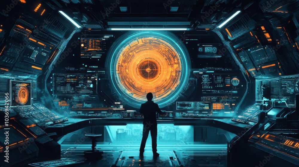 Poster futuristic control room with technology and data display
