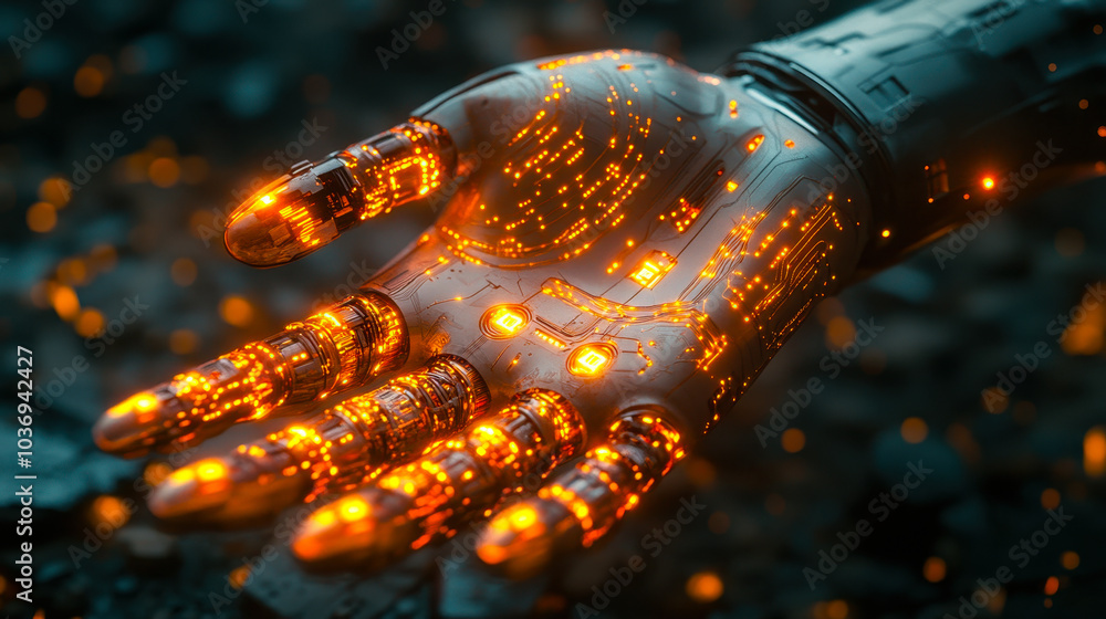 Poster futuristic robotic hand with illuminated circuits reaching out and emanating bright light on black b