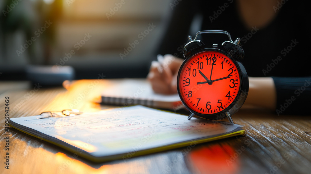 Poster red alarm clock on desk with calendar and person in background planning schedule