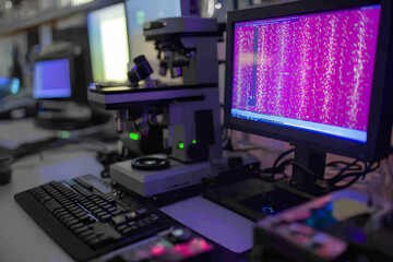 Naklejka premium Microscope image of modified DNA strands displayed on advanced digital equipment in a biotech lab
