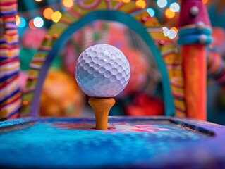 A colorful miniature golf scene featuring a golf ball on a tee in a vibrant setting.