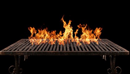 Obraz premium Portable barbecue grill with flames and glowing charcoal against dark background