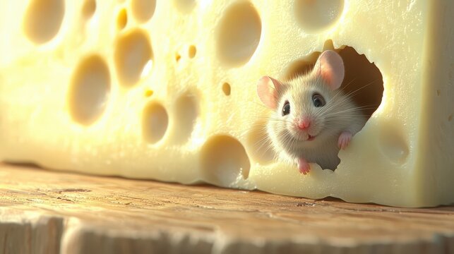 Small cute white mouse peeks out of round hole in a large piece of Swiss cheese - Powered by Adobe