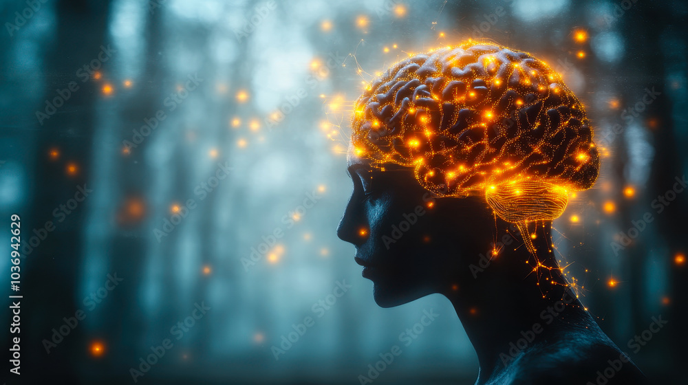 Poster artificial intelligence and deep learning: human brain with neural connections and glowing nodes in 