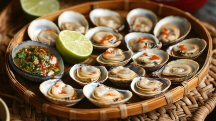 Large steamed clams in their shells, served on a woven bamboo tray with a side of spicy seafood sauce and fresh lime.