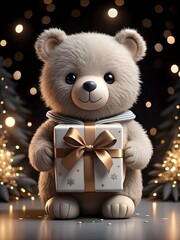 Brown bear. Winter holiday greeting card or sticker with 3D toy character of teddy bear and gift box present on glitter sparkles and bokeh festive decor. Collection in Christmas and New Year style.
