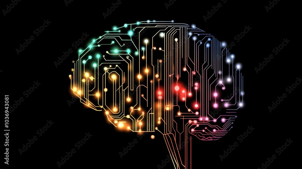 Poster futuristic brain with circuit patterns and colors