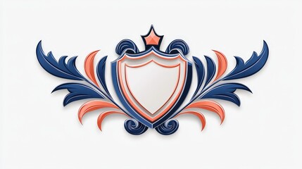 Fototapeta premium Ornamental Shield Crest with Star Blue and Orange Floral Design White Background