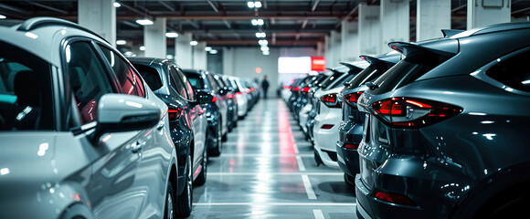 Fototapeta premium car dealership with multiple vehicles parked under bright lights automotive showroom sales concept