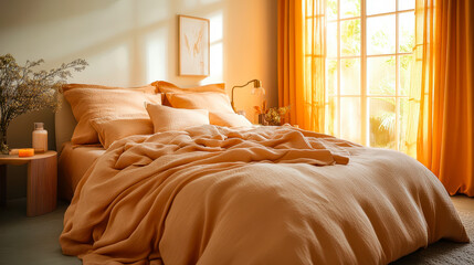 Cozy Modern Bedroom with Soft Peach Bedding in Warm Lighting, Perfect for Relaxation and Comfort