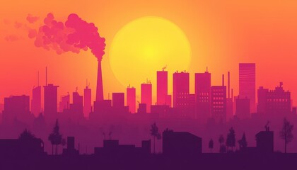 City skyline at sunset highlighting air pollution and global warming effects