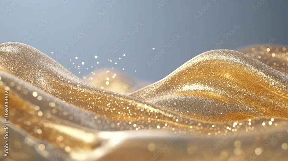 Poster golden glitter particles cascade gently, creating mesmerizing flow of shimmering waves. soft texture