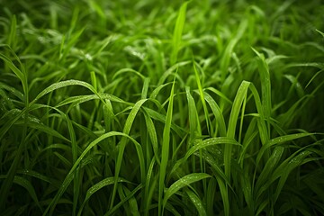 Obraz premium Lush green grass with droplets, evoking a fresh and vibrant natural environment.