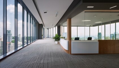 Fototapeta premium Modern office corridor with panoramic windows, city view, reception desk and daylight. 3D Rendering.