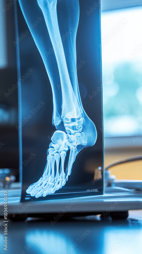 Poster close up of x ray image showing patients ankle and foot bones, highlighting intricate structure and 