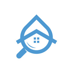 Water Drops with House Roof, Search, Magnifying Glass design logo