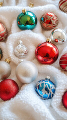 Colorful Christmas ornaments scattered on soft white blanket create festive atmosphere. shiny surfaces reflect light, enhancing holiday spirit