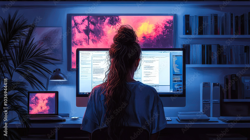 Poster graphic designer working late in artistic workspace with dual monitors and creative monitors illumin
