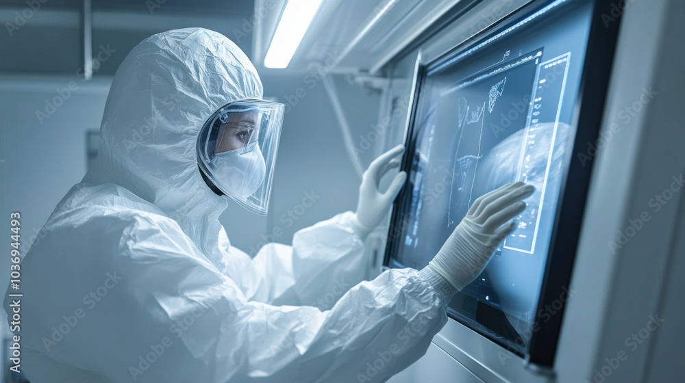 Poster focused scientist in full protective suit analyzes data on screen, showcasing dedication and precision in laboratory environment