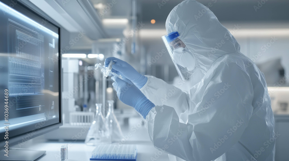 Poster scientist in full protective suit conducts research in modern laboratory, carefully handling samples while analyzing data on computer screen