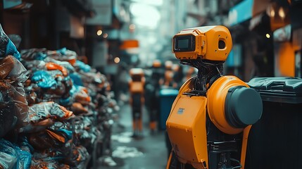 Fototapeta premium A yellow robot stands in an alleyway, surrounded by trash and other robots.
