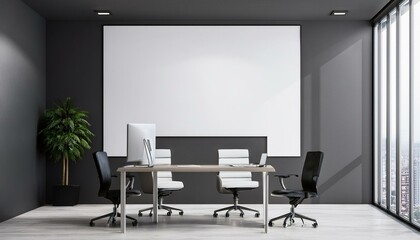 Modern office interior with empty workspace and large wall poster. 3D Rendering