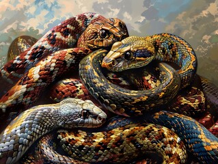 Fototapeta premium Close Up of Colorful Snakes in a Serene Setting