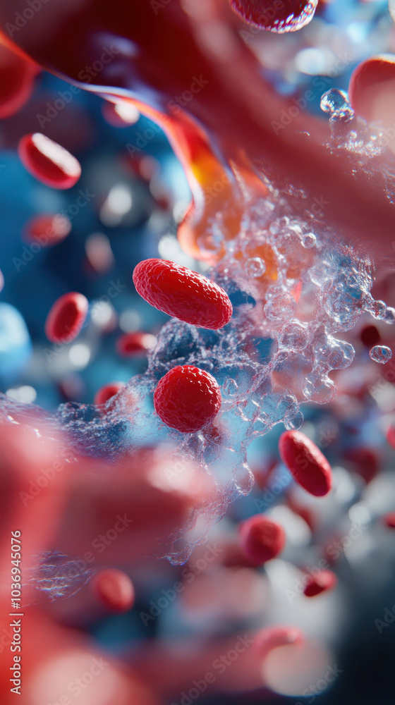 Poster artistic macro image of blood showcasing antibodies and red blood cells in motion, highlighting dyna