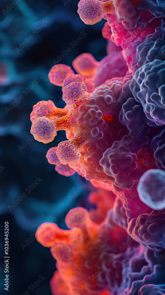Poster artistic macro shot of blood featuring antibodies, showcasing vibrant colors and intricate details. 