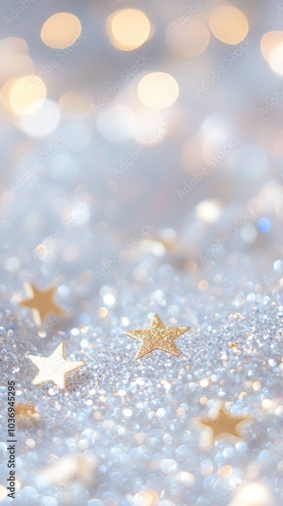 Poster shimmering abstract background featuring golden stars scattered across sparkling surface, creating magical and festive atmosphere