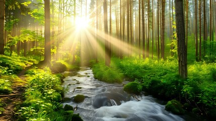 A serene forest scene with sunlight streaming through trees and a flowing stream.