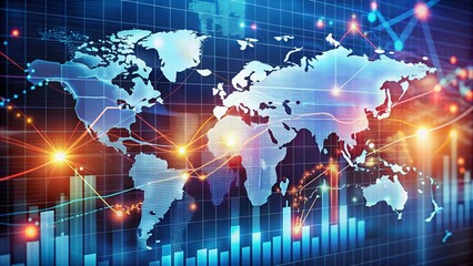 Obraz premium Glowing world map surrounded by rising stock market graphs, currency symbols, and economic indicators, illustrating global financial connectivity and market convergence.
