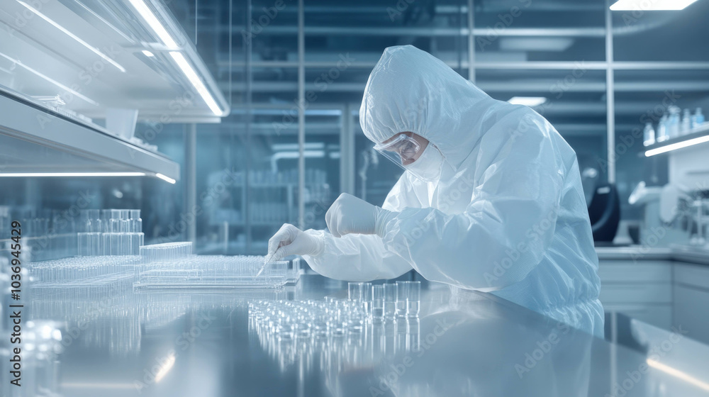 Poster scientist in protective suit is carefully conducting experiments in high tech laboratory, showcasing