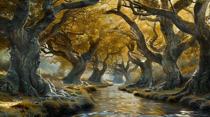 A serene forest scene with winding water and golden autumn foliage.