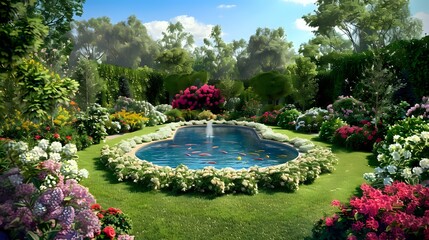 A serene garden featuring a heart-shaped pond surrounded by vibrant flowers and greenery.