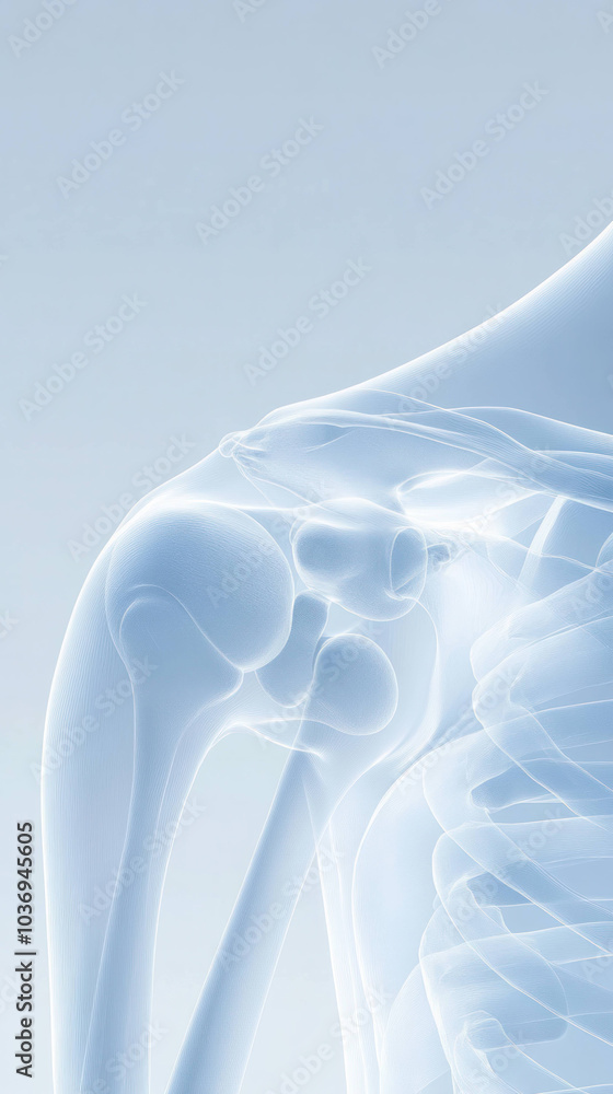 Poster x ray of human shoulder joint illustrating anatomy and structure of bones and surrounding tissues, s
