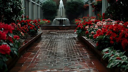 A serene garden pathway lined with vibrant flowers and a central fountain.
