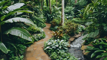 A serene garden pathway winding through lush greenery and a gentle stream.