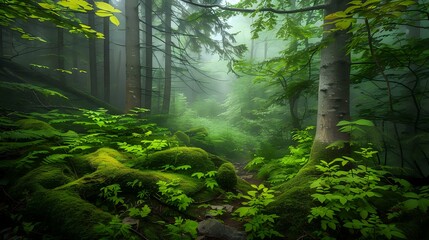A serene forest scene with lush greenery and mist, evoking tranquility and nature's beauty.