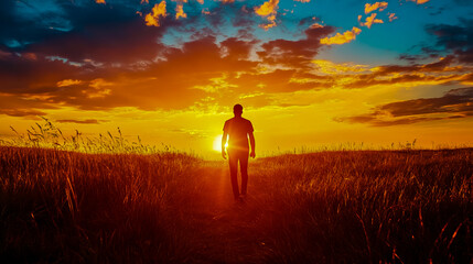 Confident person walking forward as the sun rises, silhouette against a vibrant sunrise, warm colors filling the sky.